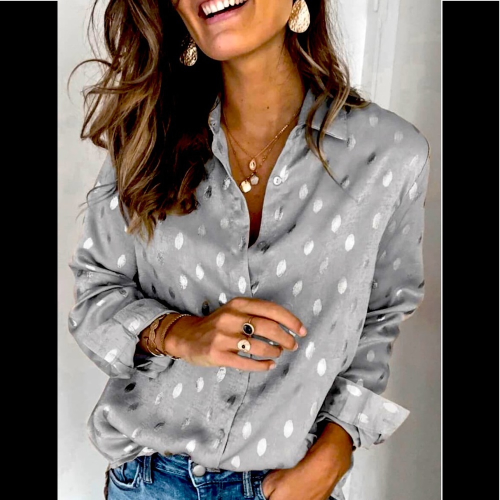 Unique Shine Silver On Lite Silver Polkadots Turn Down Collar Button Down Blouse